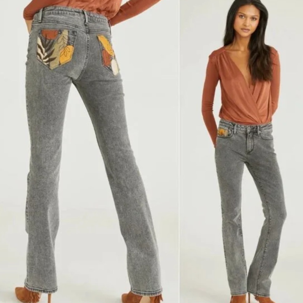 Driftwood Kelly Bootcut Gray Acid Wash Jeans with Colorful Leaf Embroidery